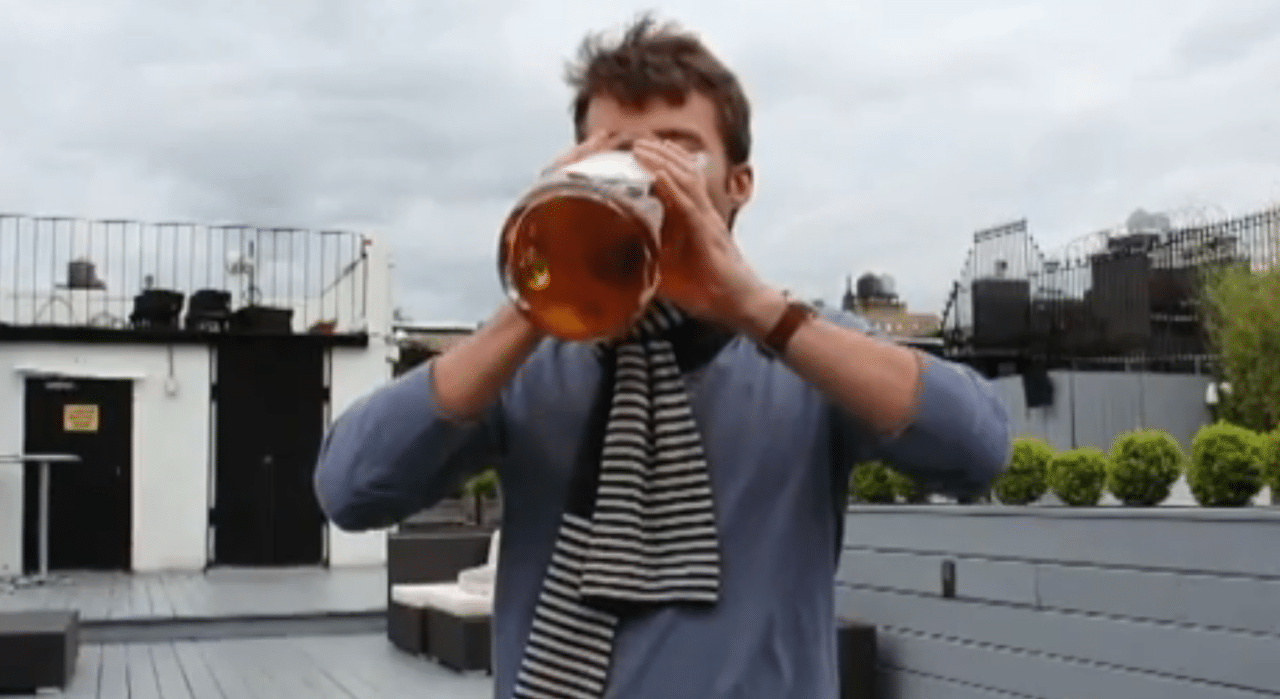 Tim, downing a massive glass of alcohol-free beer